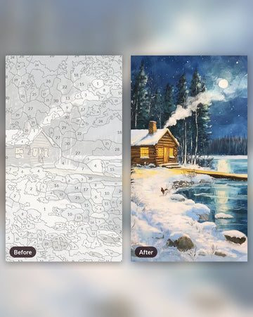 Riverside Winter Night paint by numbers kit, before and after