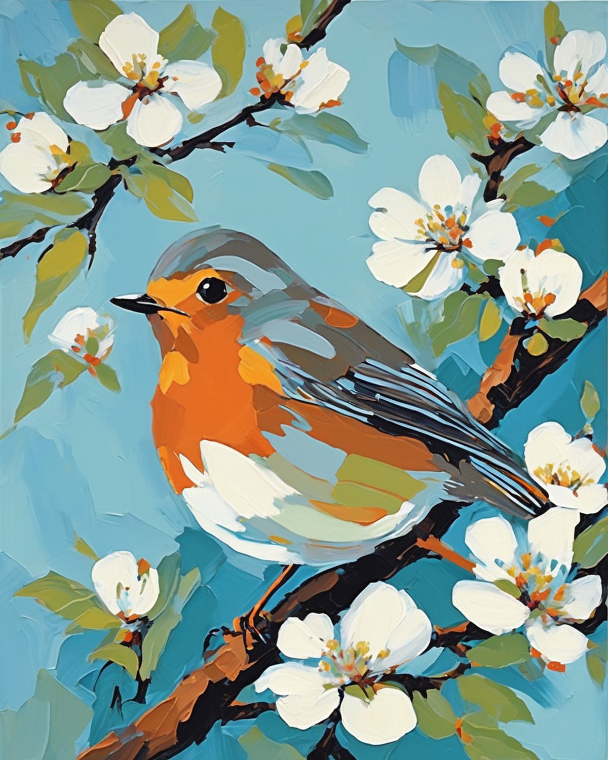 robin with orange chest on a branch with white apple blossoms and a soft blue background, paint by numbers kit