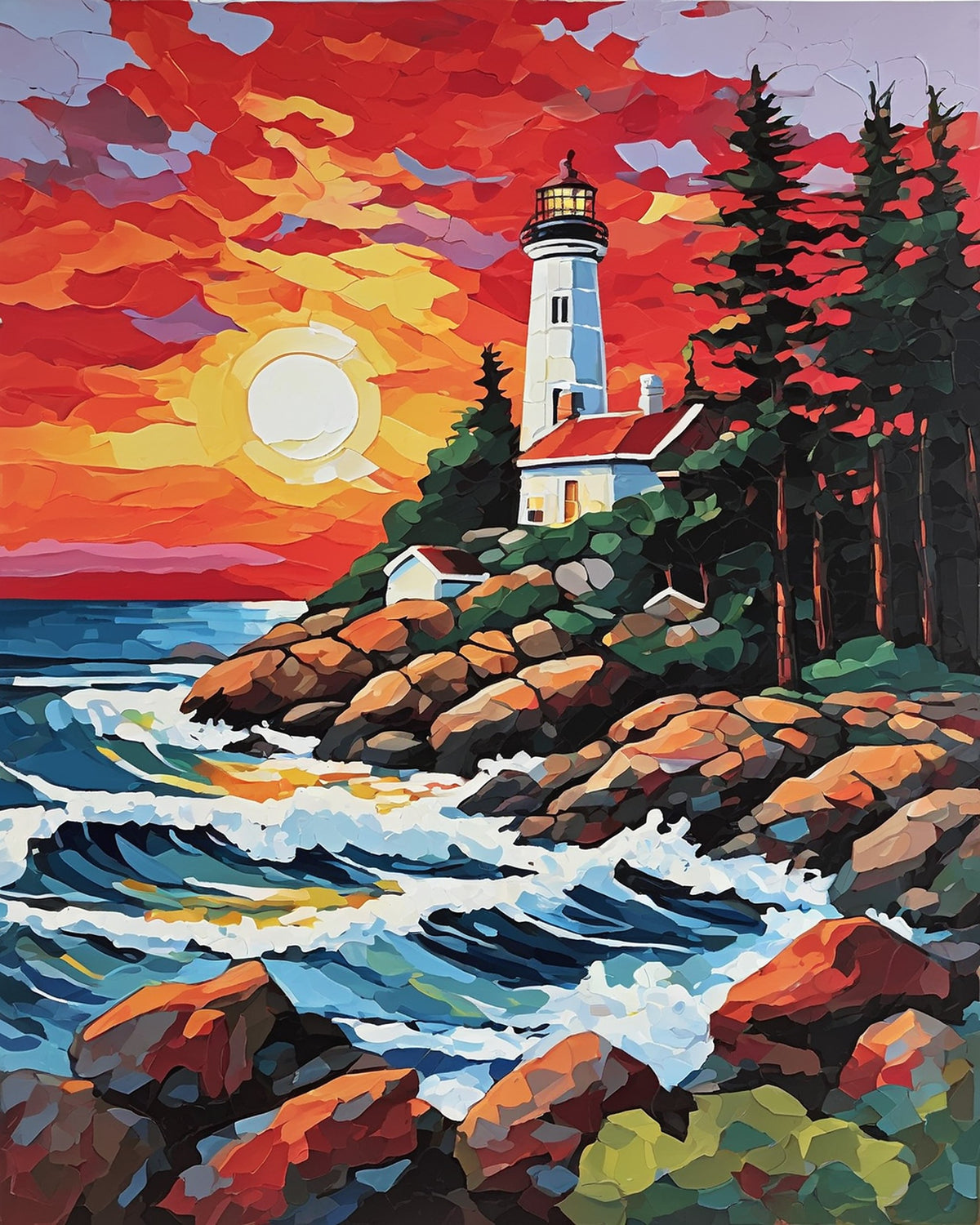 white lighthouse and keeper house on a rocky coast with pines and crashing waves at sunset, paint by numbers kit