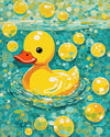 Rubber Duck Bath Time paint by numbers kit, a yellow rubber duck floating on bath water under big round bubbles