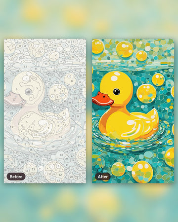 Rubber Duck Bath Time paint by numbers kit, before and after