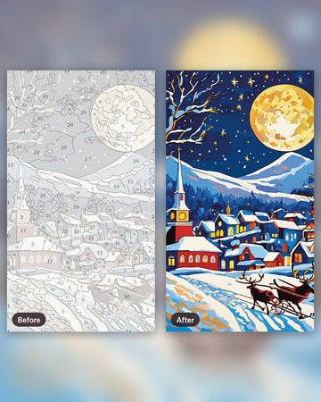 Santa Sleigh over the Village paint by numbers kit, before and after