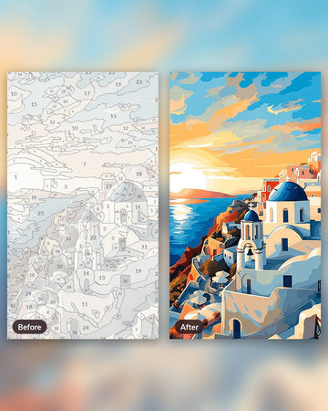Golden Hour in Santorini paint by numbers kit, before and after
