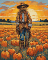Scarecrow in the Golden Field paint by numbers kit, scarecrow standing among pumpkins in a wheat field