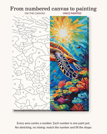 Sea Turtle Gliding Over Coral Reef numbered canvas next to the finished painting