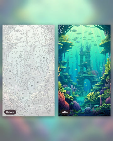 Seafloor Serenity paint by numbers kit, before and after