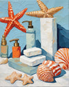 Seashell Bathroom Still Life paint by numbers kit, seashells, a starfish and coral on a white marble bathroom counter