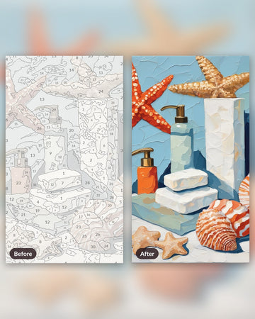 Seashell Bathroom Still Life paint by numbers kit, before and after