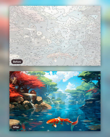 Serene Koi Pond paint by numbers kit, before and after