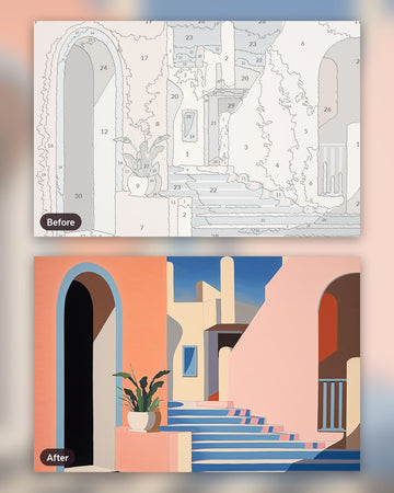Shadows of the Aegean paint by numbers kit, before and after
