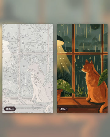 Shelter from Rain paint by numbers kit, before and after