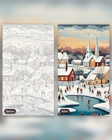 Skaters on the Village Pond paint by numbers kit, before and after