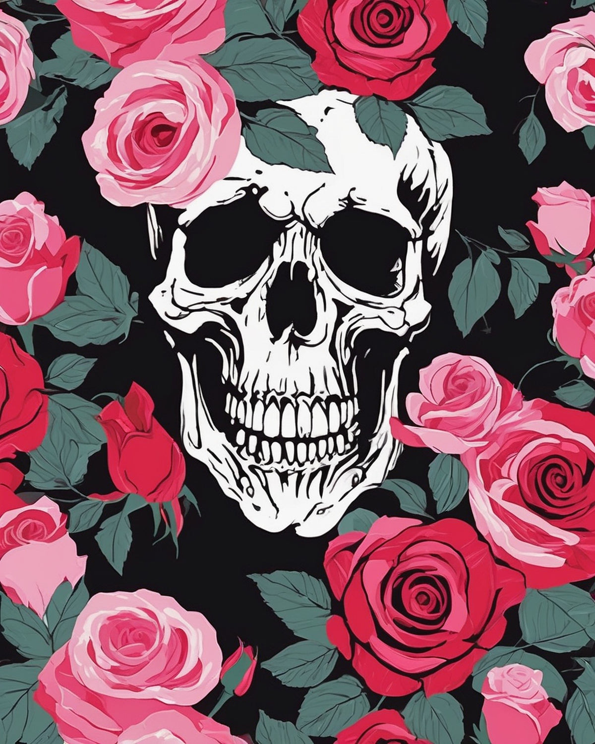 white skull on a black background surrounded by pink and red roses and grey green leaves, paint by numbers kit