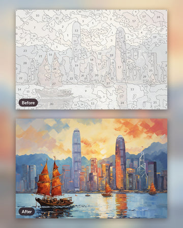 Skyline Meets the Sea paint by numbers kit, before and after