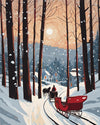 Sleigh Through the Pines paint by numbers kit, horse drawn sleigh on a snowy road between pine trees