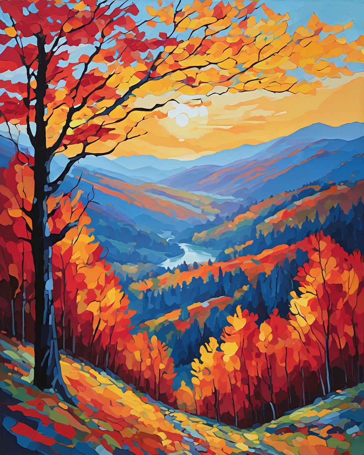 red and orange autumn trees above misty blue mountain ridges and a river valley at sunrise, paint by numbers kit