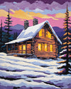 Snowy Cabin at Dusk paint by numbers kit, winter cabin with lit windows