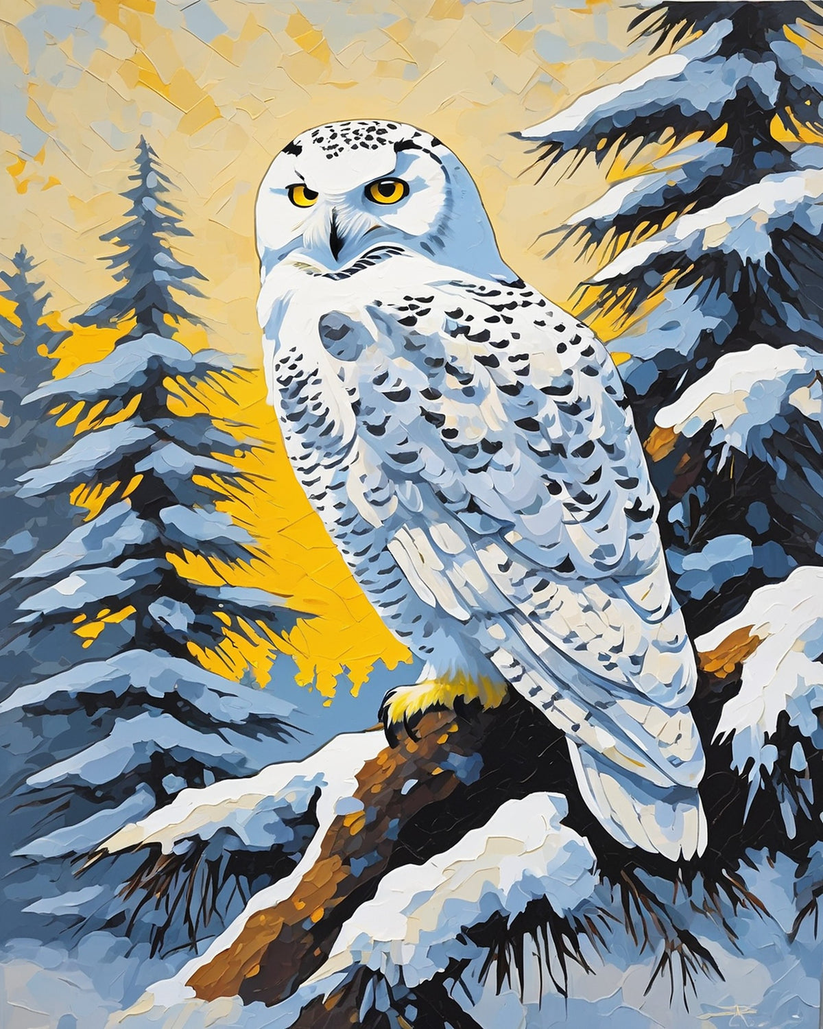 snowy owl with yellow eyes perched on a snowy pine branch against a pale yellow sky, paint by numbers kit
