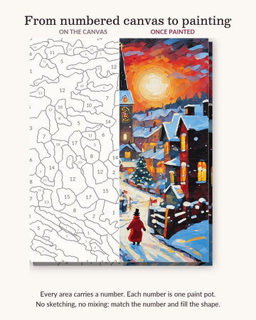 Snowy Village Church at Sunset numbered canvas next to the finished painting