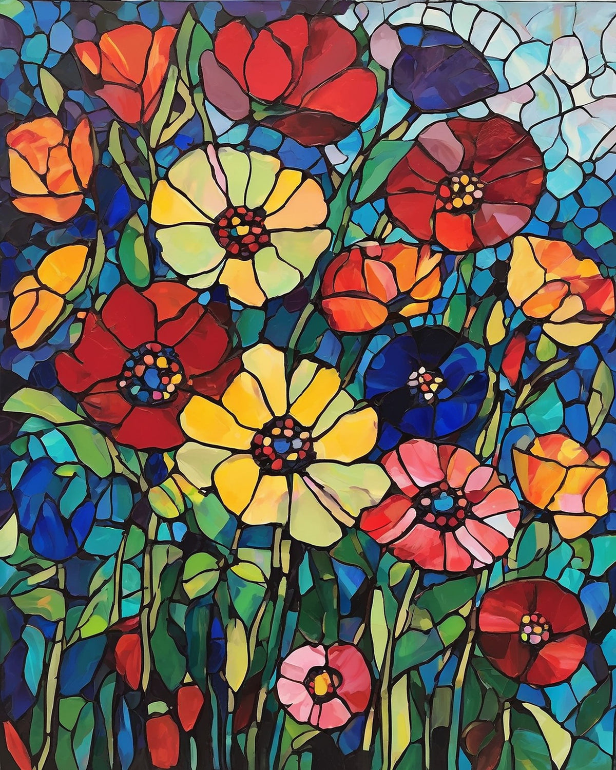 stained glass style flowers in red yellow orange and blue with bold dark outlines, paint by numbers kit