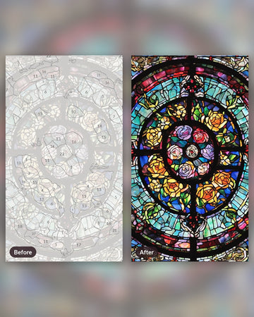 Stained Glass Rose Window paint by numbers kit, before and after