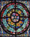 Paint by numbers canvas of a round stained glass window with roses in its panels, glowing in jewel colors against a dark ground