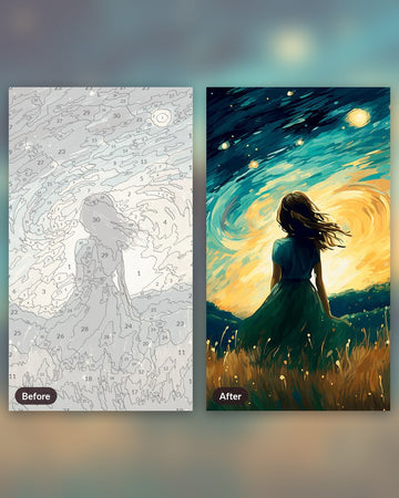 Celestial Reflection paint by numbers kit, before and after