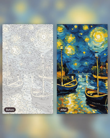 Starry Night over the Rhone after Van Gogh paint by numbers kit, before and after