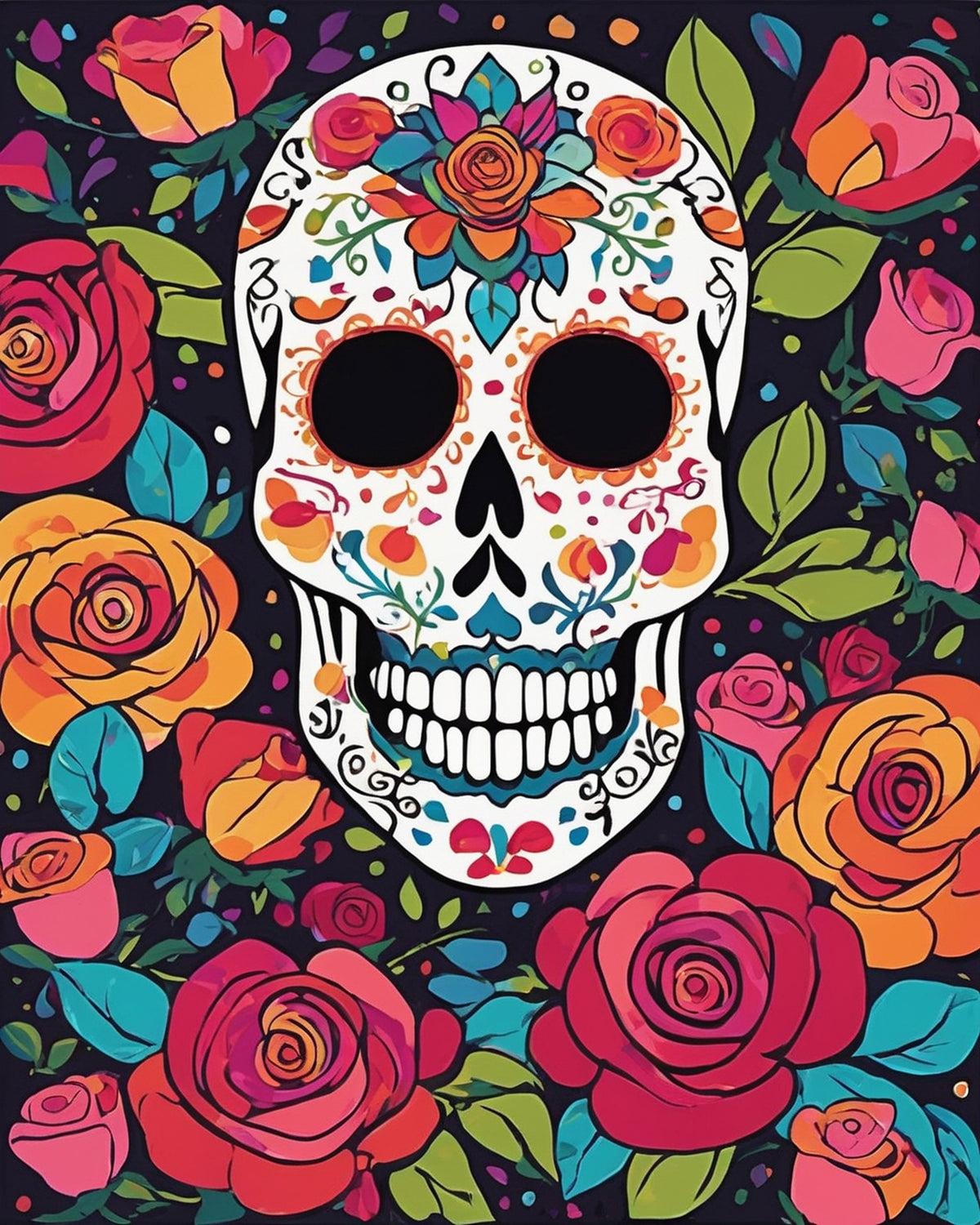 decorated white sugar skull with flower patterns surrounded by pink red and orange roses on a black background, paint by numbers kit
