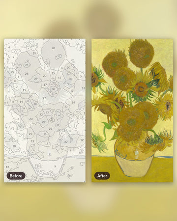 Sunflowers after Vincent van Gogh Paint by Numbers Kit paint by numbers kit, before and after