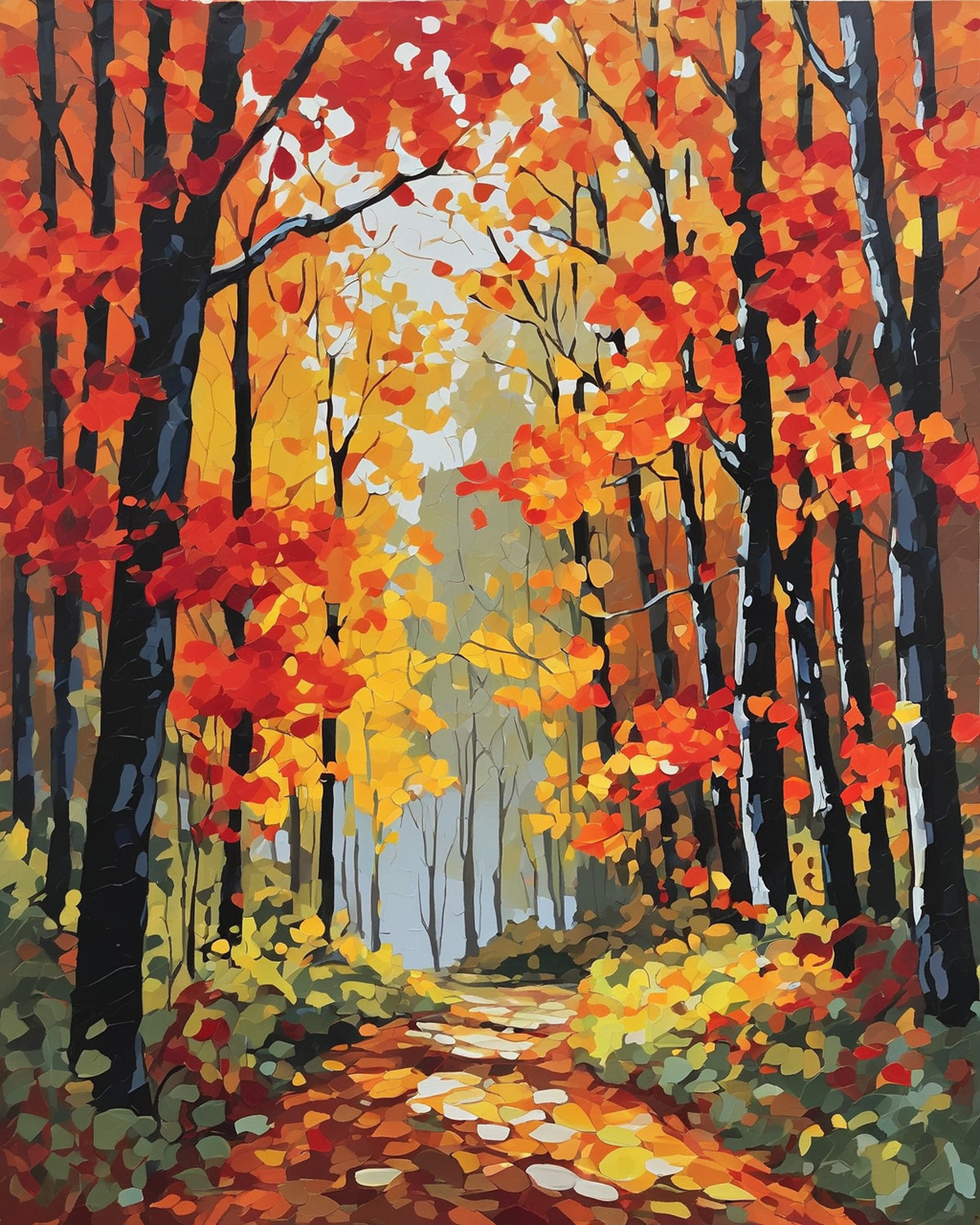 narrow path through an autumn forest with red, orange and gold leaves and dark tree trunks, paint by numbers kit