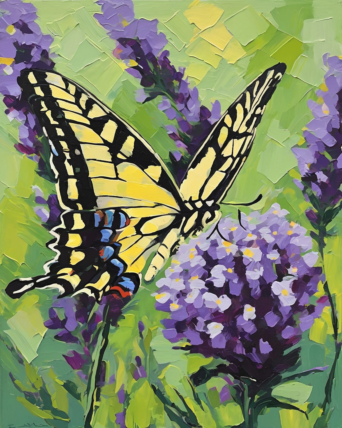 yellow swallowtail butterfly with black stripes on purple lavender flowers with a soft green background, paint by numbers kit