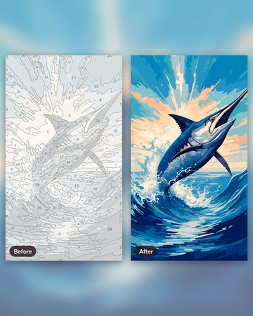 Swordfish Jump paint by numbers kit, before and after