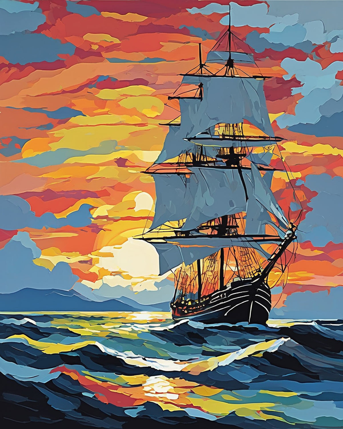 old tall sailing ship with pale sails on dark waves under an orange sunset sky, paint by numbers kit