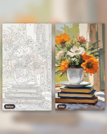 Tea and Wildflowers paint by numbers kit, before and after