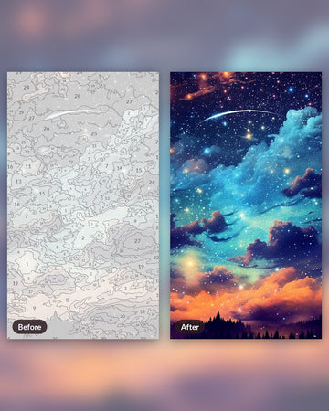 The Cosmic Firmament paint by numbers kit, before and after