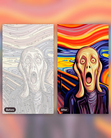 The Crying Figure paint by numbers kit, before and after