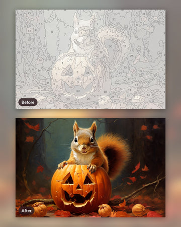 The Spooky Forest Squirrel paint by numbers kit, before and after