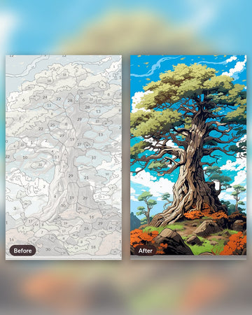 The Wisest Tree paint by numbers kit, before and after