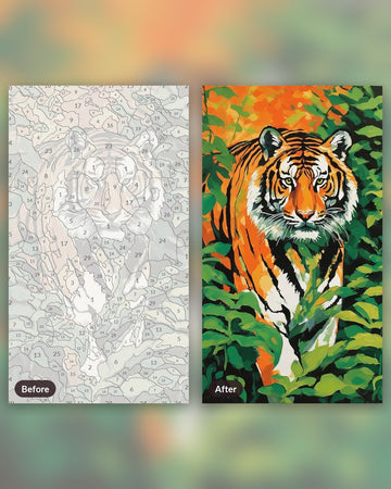 Tiger in the Leaves paint by numbers kit, before and after