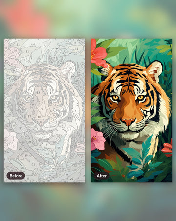 Tiger's Kingdom paint by numbers kit, before and after