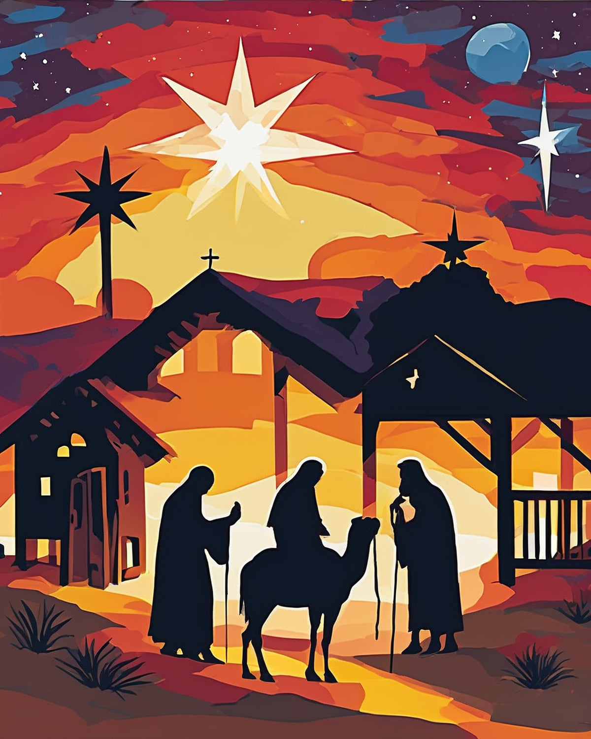 silhouetted travelers and a mounted rider under a large white star at sunset, paint by numbers kit