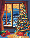 Tree by the Window paint by numbers kit, lit Christmas tree beside a window with snow outside