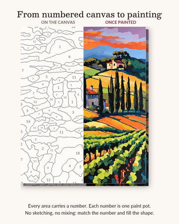 Tuscan Villa and Vineyard at Sunset numbered canvas next to the finished painting