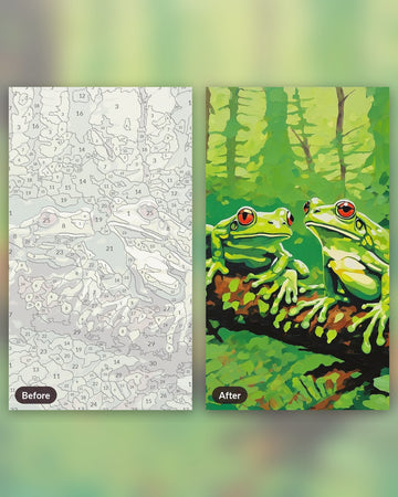 Two Frogs on a Mossy Branch Painting by Numbers Kit paint by numbers kit, before and after