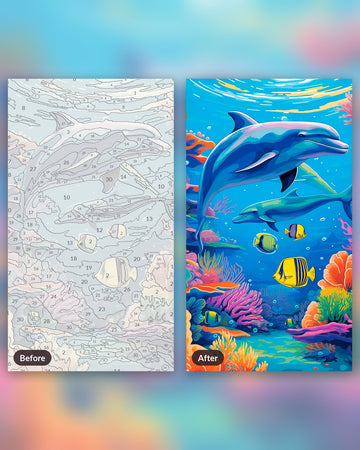 Underwater Paradise paint by numbers kit, before and after