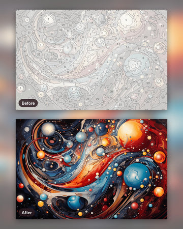 Abstract Cosmos paint by numbers kit, before and after