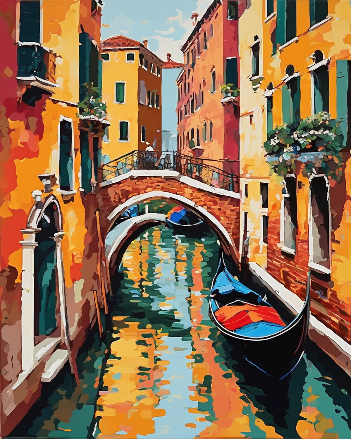 gondola on a venice canal under a brick bridge with colorful buildings, paint by numbers kit