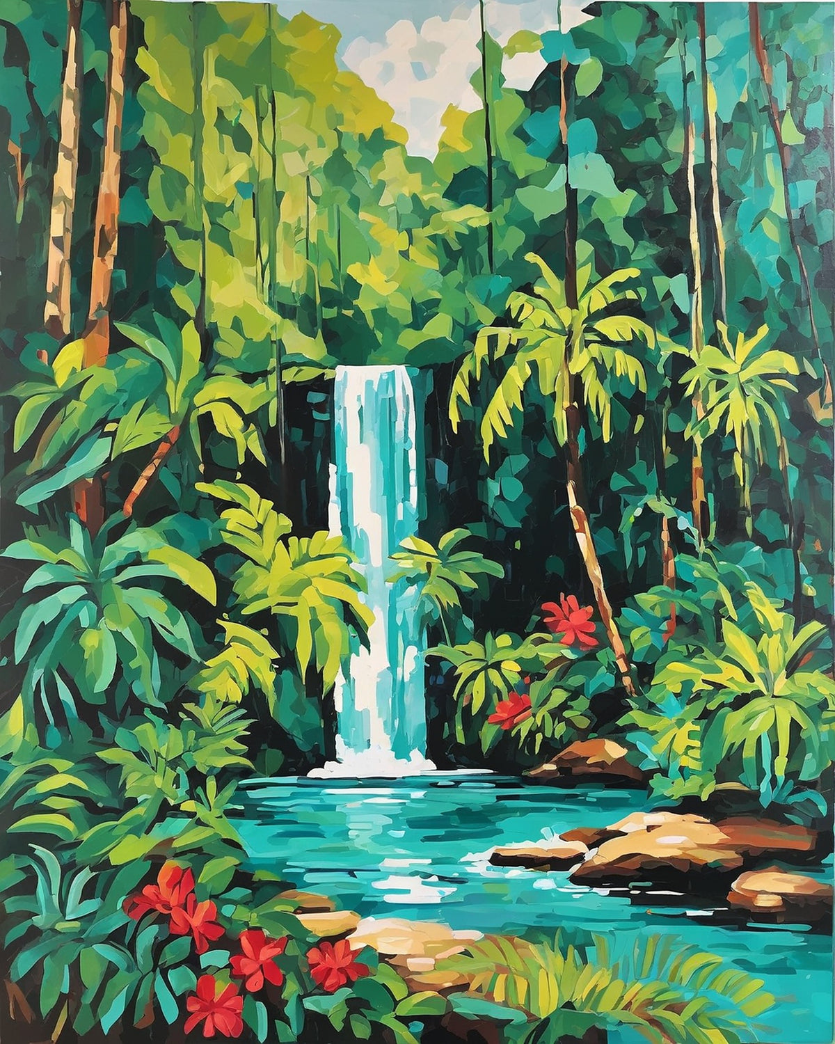 narrow waterfall falling into a turquoise pool surrounded by palms, ferns and red flowers, paint by numbers kit