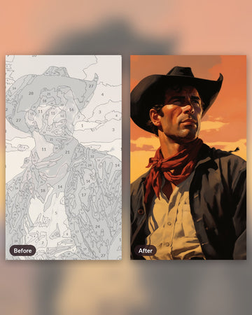 Western Cowboy paint by numbers kit, before and after